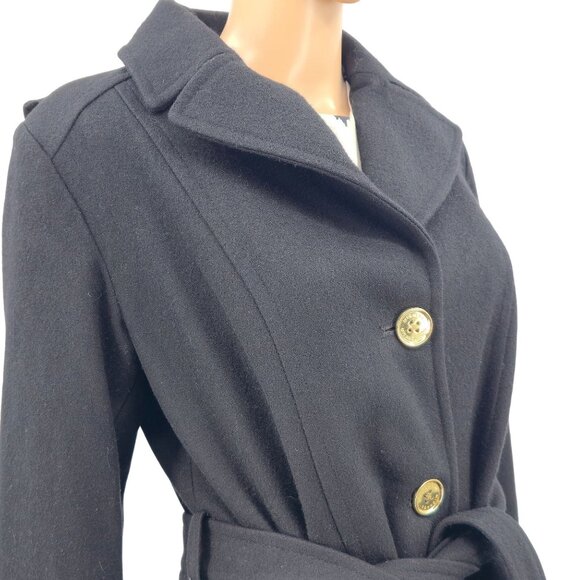 Michael Kors Black Wool-Blend Hooded Belted Coat Women's Medium - Picture 1 of 8